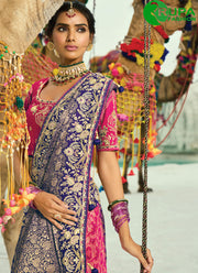 Purple Pure Georgette Bandhej Saree with Beads, Cut Dana, Embroidered, Fancy and Zari Work